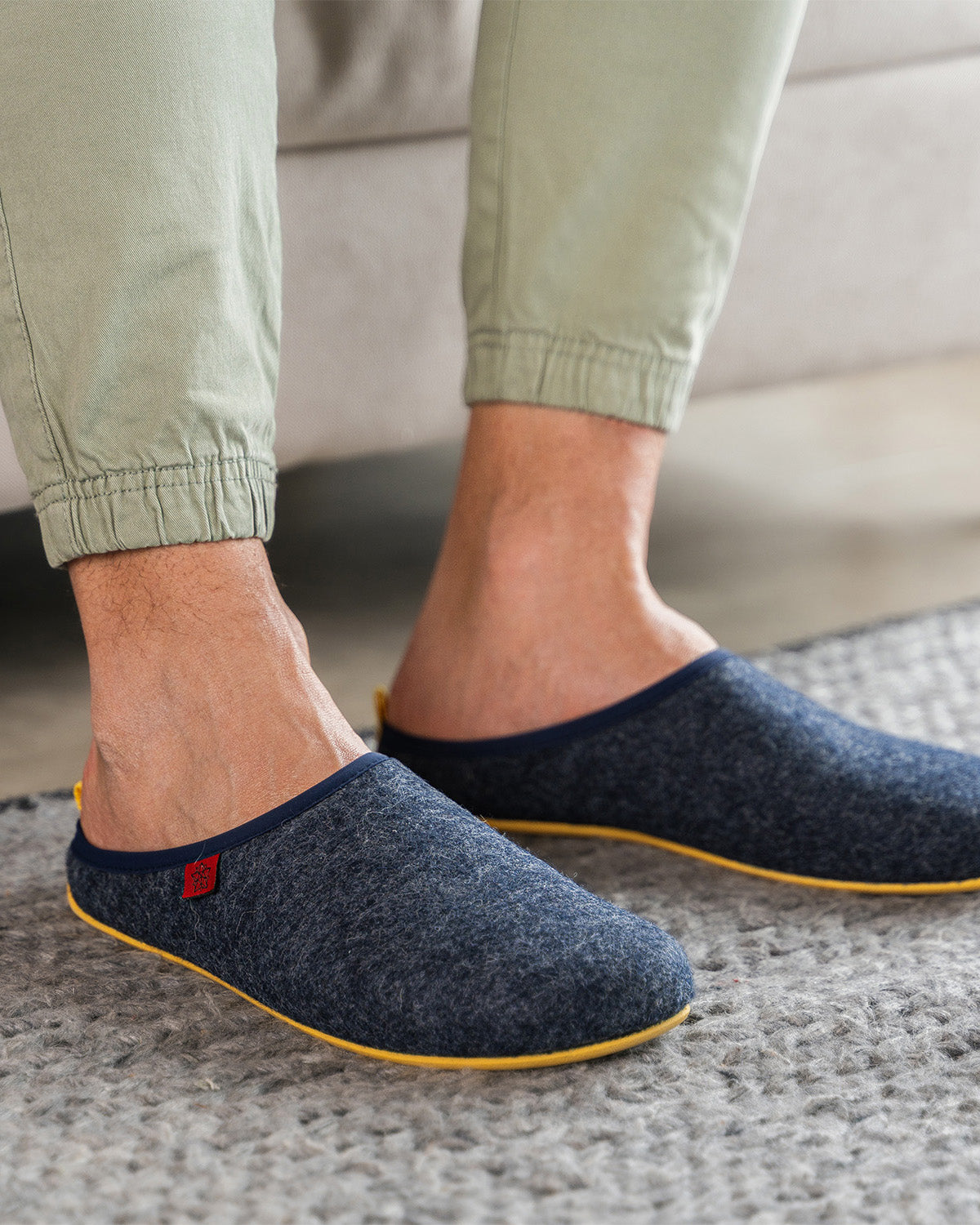 Unisex Slippers in Blue felt with Yellow sole