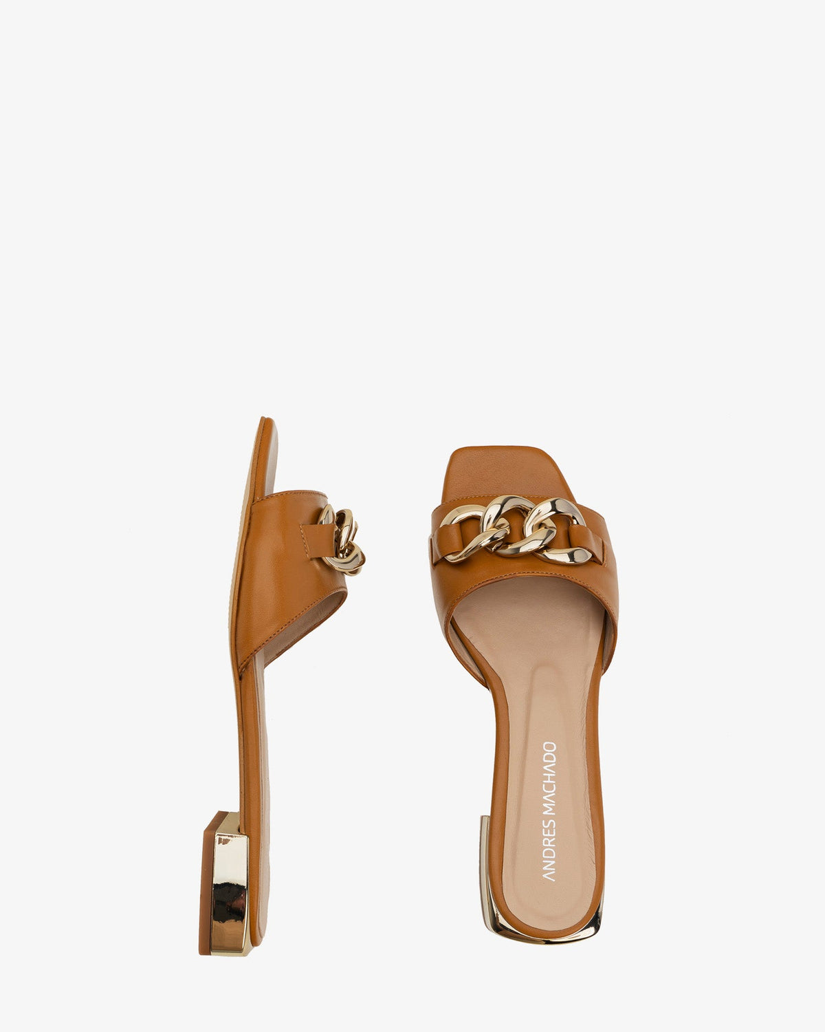 Flat Sandal in Camel Leather and Chain Detail