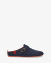 Unisex home slippers in blue felt and buckle detail
