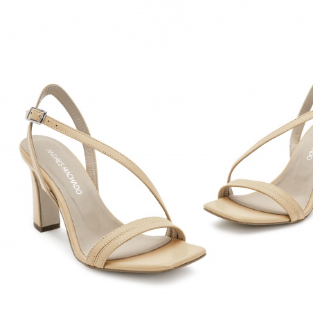 Crossover Heeled Sandals in Beige Leather