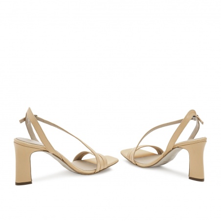 Crossover Heeled Sandals in Beige Leather