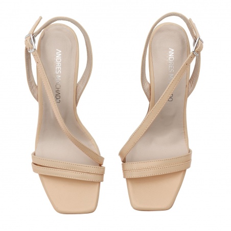 Crossover Heeled Sandals in Beige Leather
