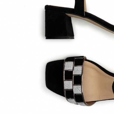 Mosaic Block Heel Sandals in Black Suede Leather
