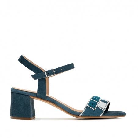 Mosaic Block Heel Sandals in Blue Suede Leather