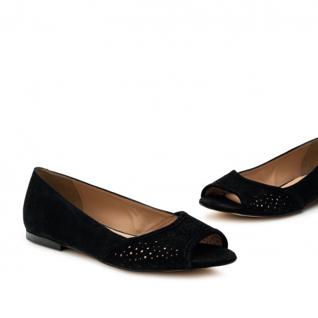Open Toe Ballet Flats in Black Suede Leather