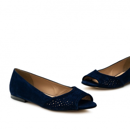 Open Toe Ballet Flats in Navy Suede Leather