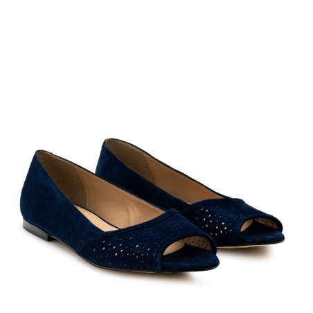 Open Toe Ballet Flats in Navy Suede Leather