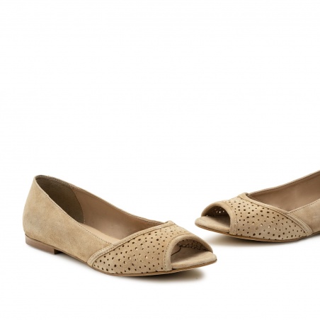 Open Toe Ballet Flats in Camel Suede Leather