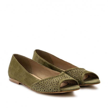 Open Toe Ballet Flats in Green Suede Leather