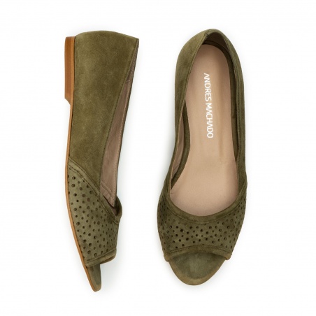 Open Toe Ballet Flats in Green Suede Leather