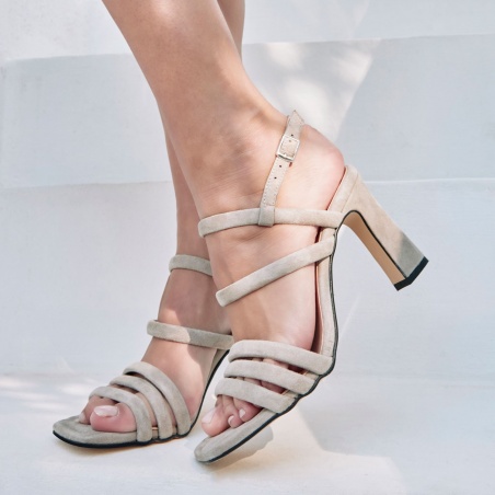 Strappy Heeled Sandals in Grey Suede Leather