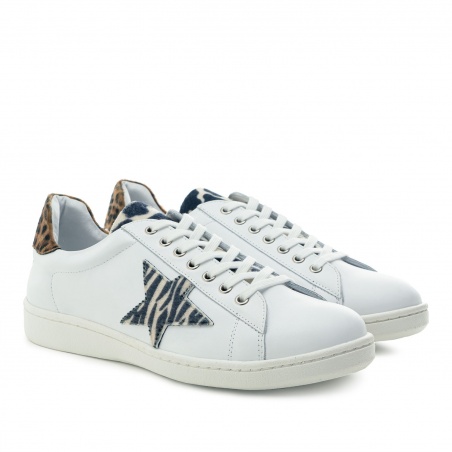Trainers in White Leather with Animal Print detail