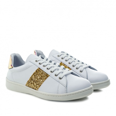 Trainers in White Leather with Gold Glitter Straps