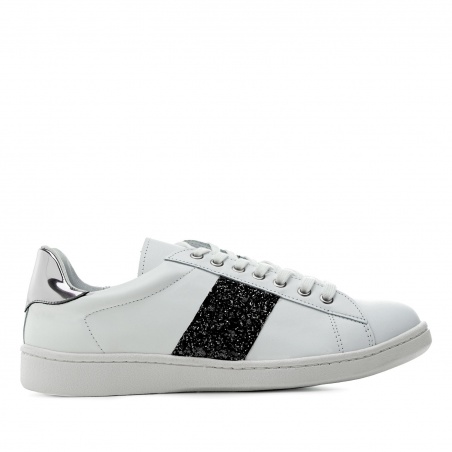 Trainers in White Leather with Black Glitter Straps