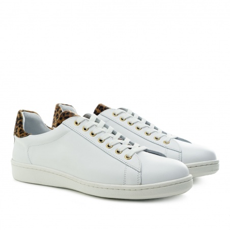 Trainers in White & Leopard Print Leather