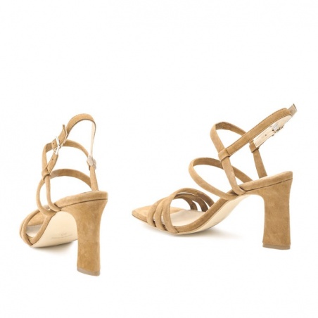 Strappy Heeled Sandals in Beige Suede Leather