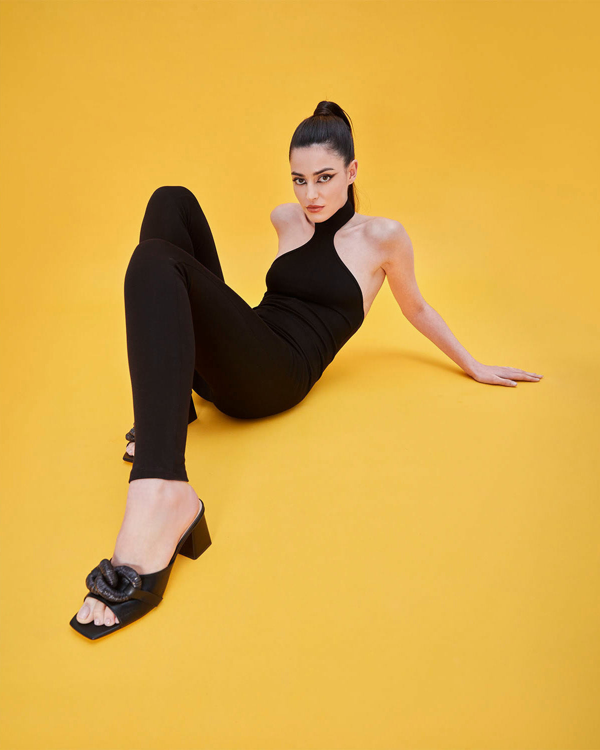 Black leather heeled sandal