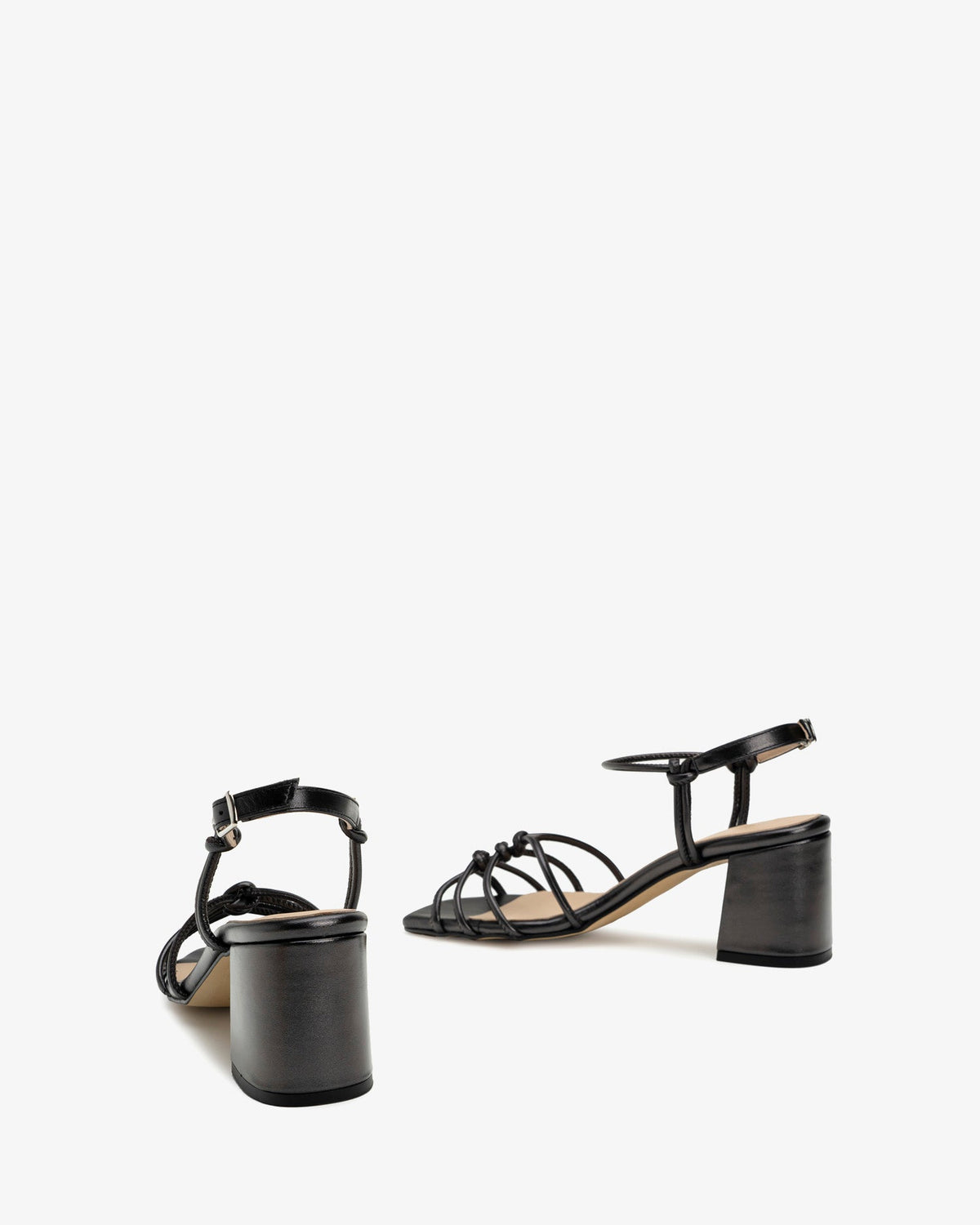 metallic black leather knotted sandals