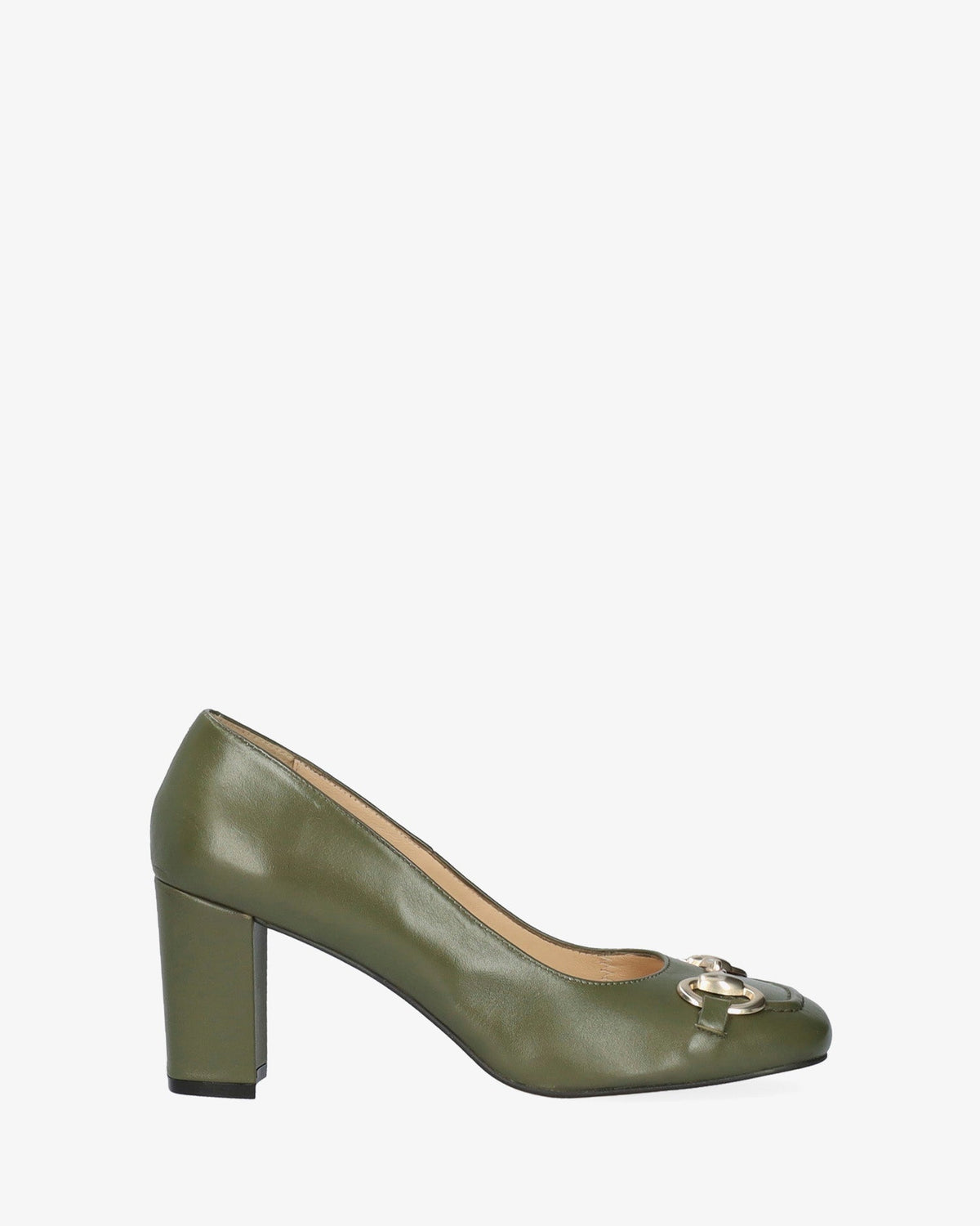 Zapato tacón en piel kaki de estilo vintage
