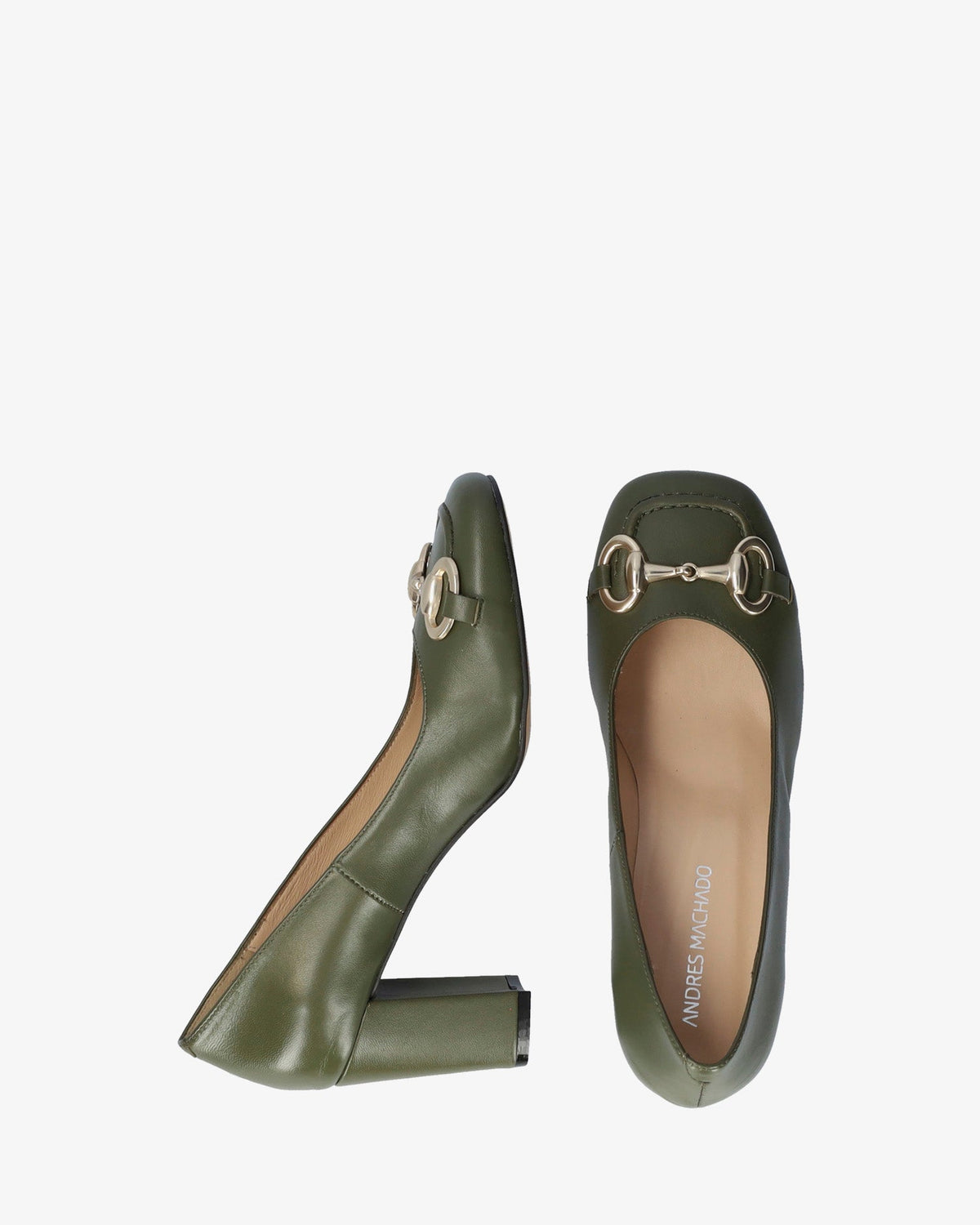 Zapato tacón en piel kaki de estilo vintage