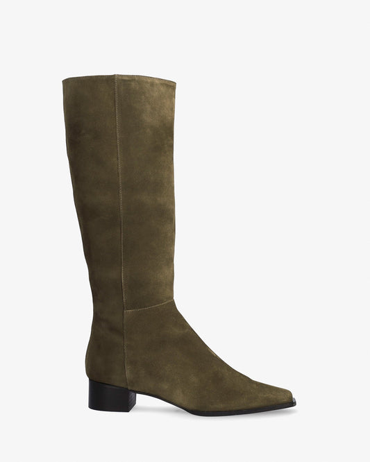 Knee-high boots in kaki split leather