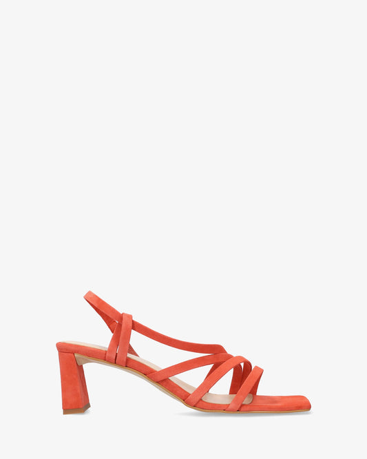 Square-toe suede strappy sandals in a terracotta color