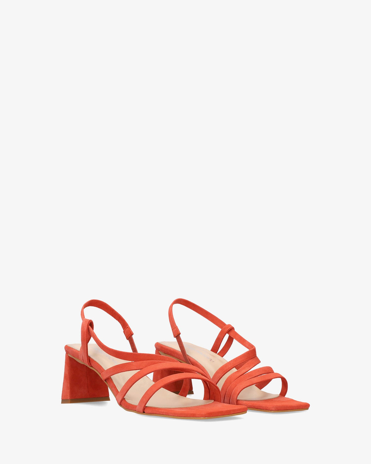 Square-toe suede strappy sandals in a terracotta color