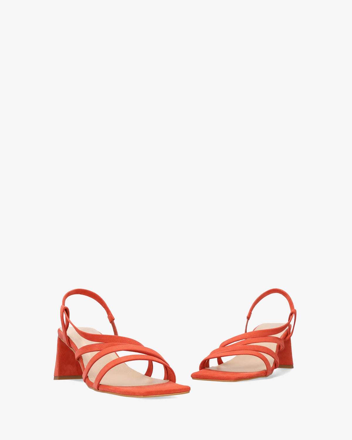 Square-toe suede strappy sandals in a terracotta color
