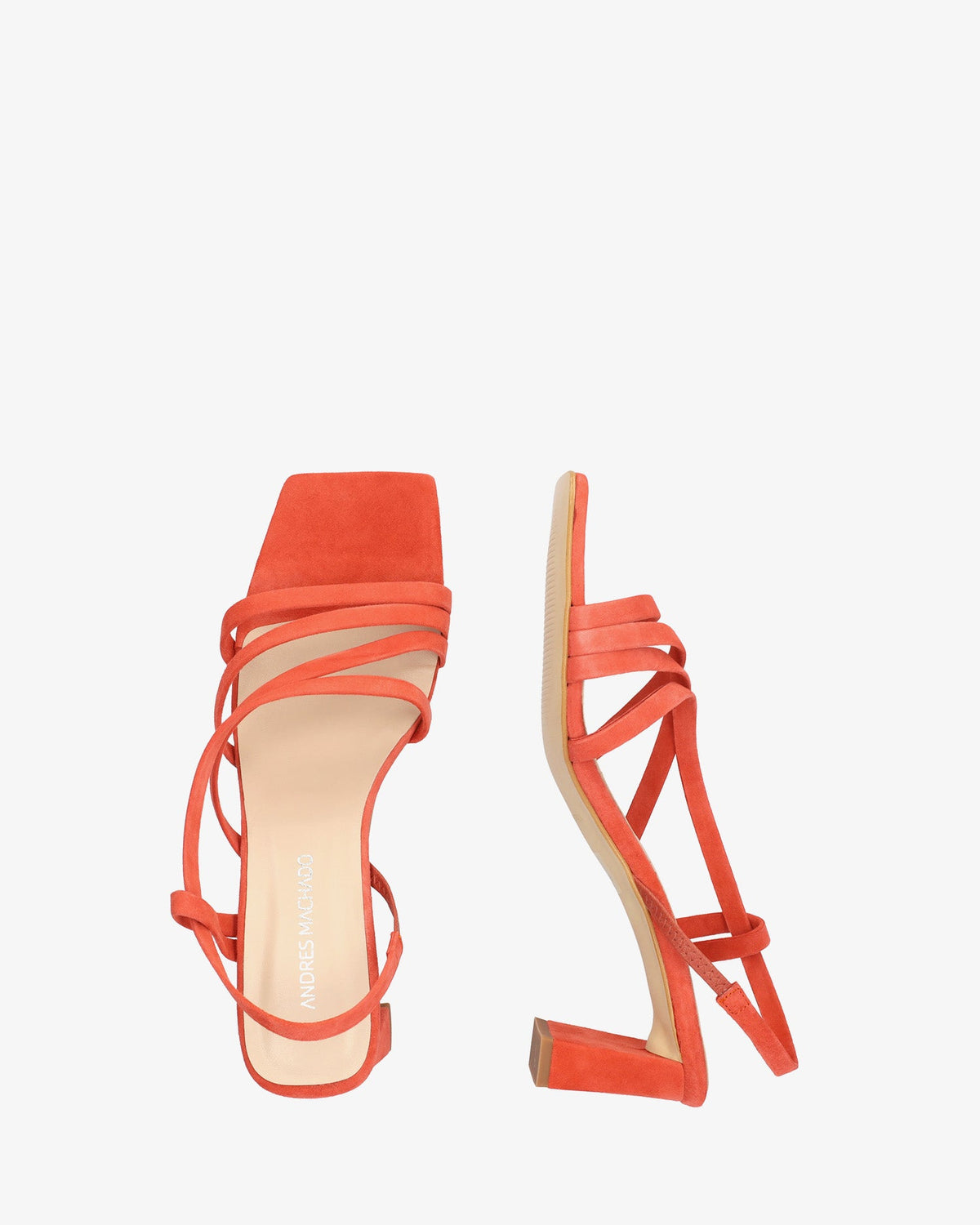Square-toe suede strappy sandals in a terracotta color