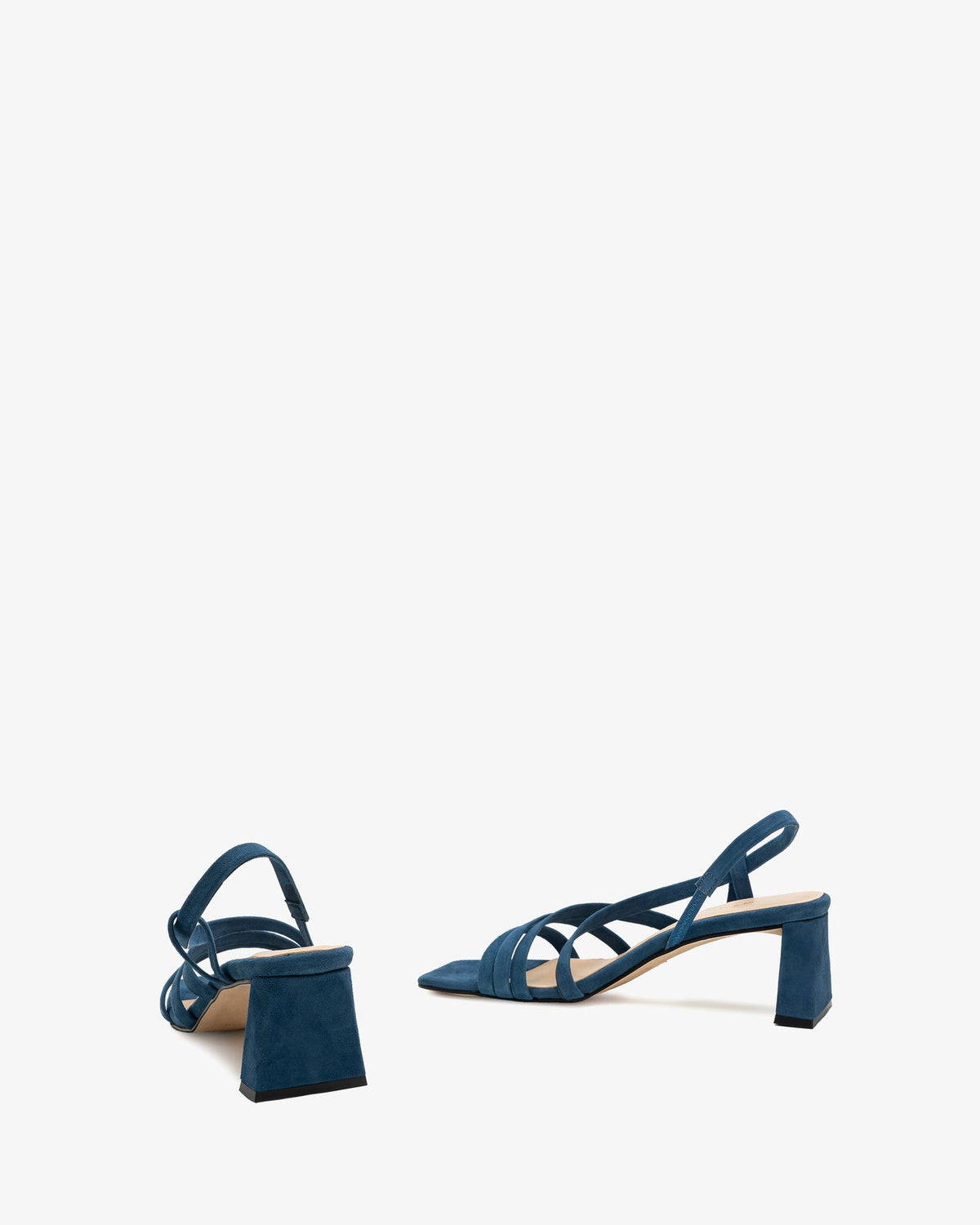 Blue suede strappy sandals with a square toe