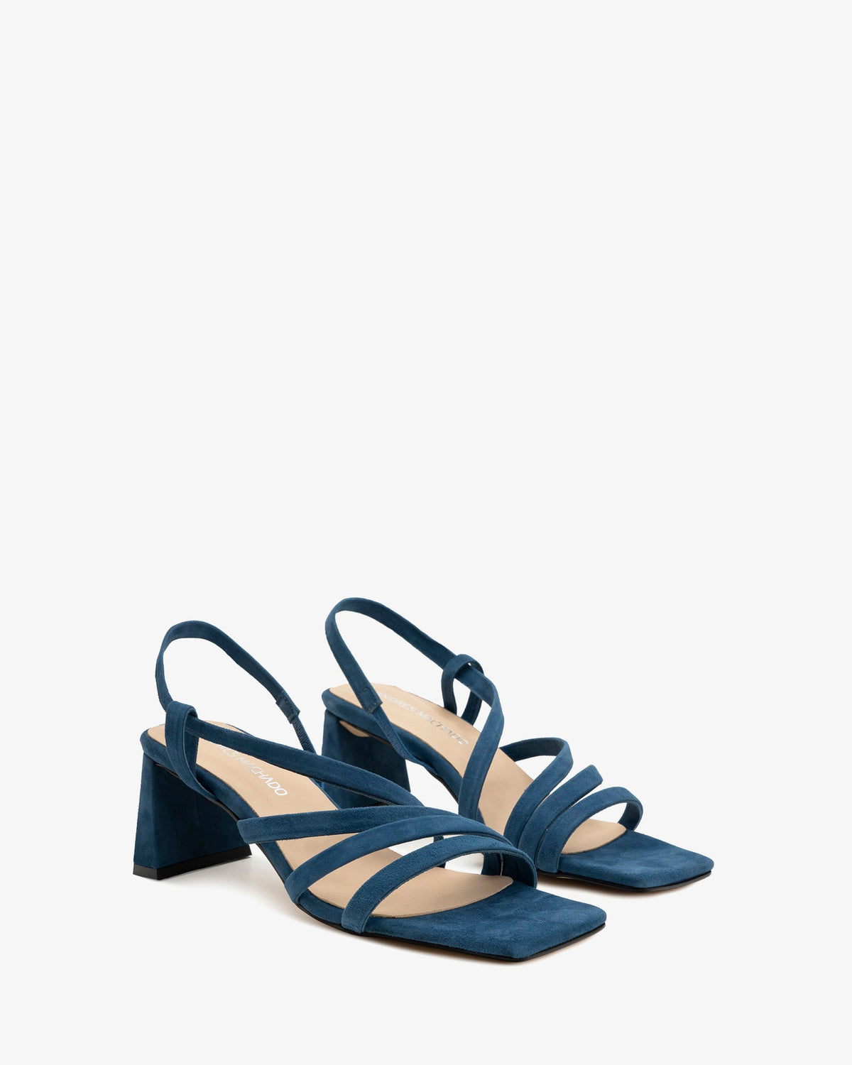 Blue suede strappy sandals with a square toe