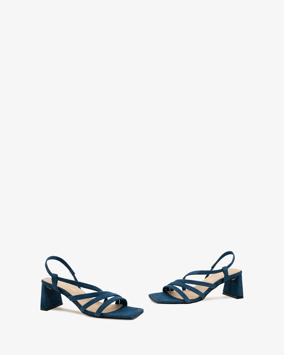 Blue suede strappy sandals with a square toe