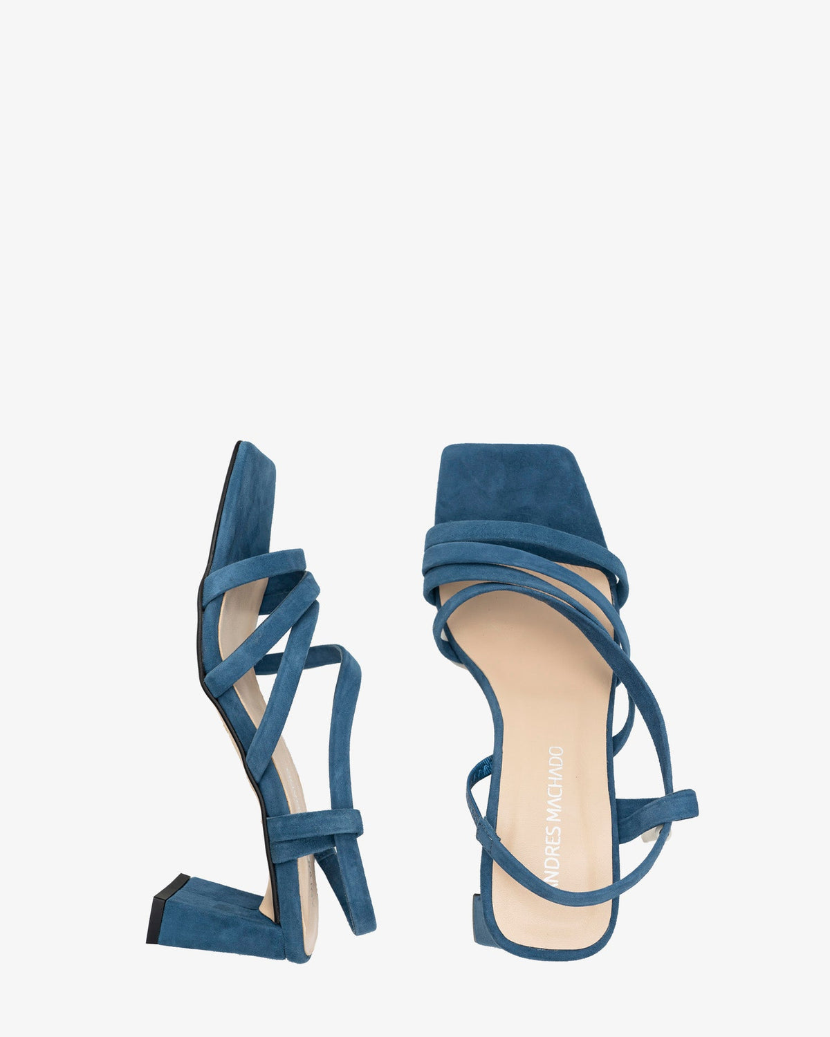 Blue suede strappy sandals with a square toe