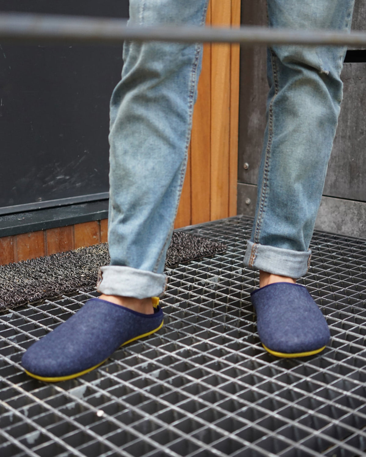 Unisex Slippers in Blue felt with Yellow sole