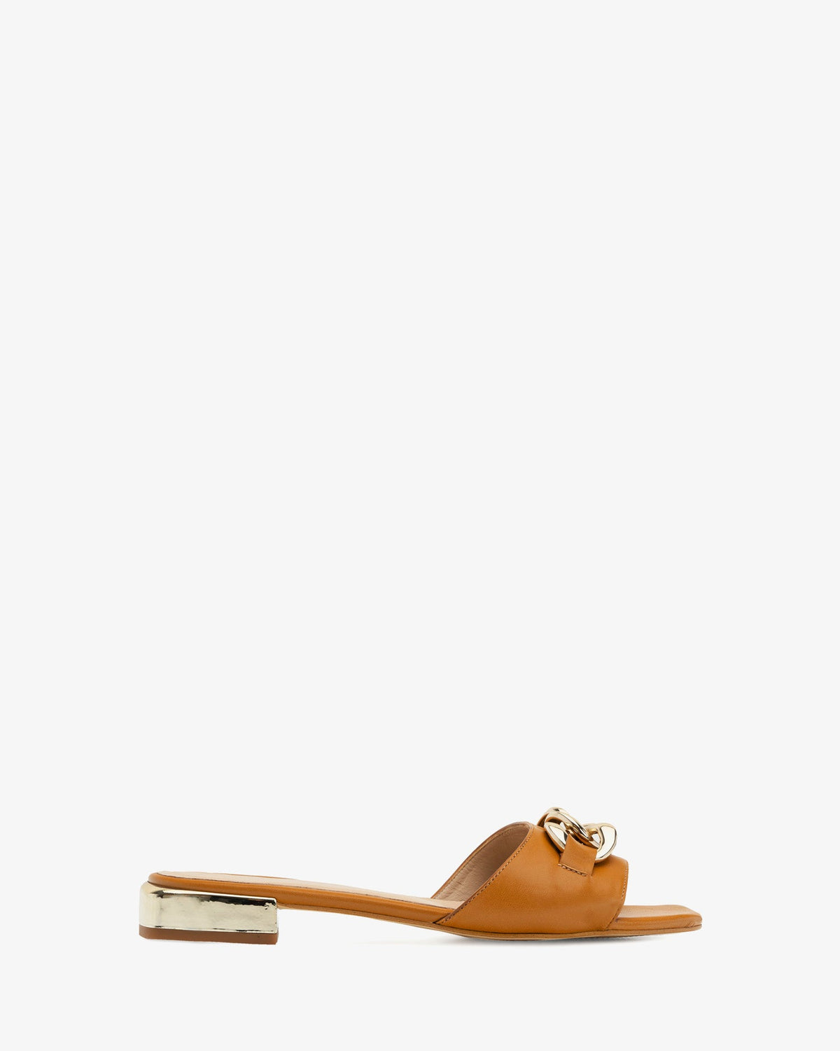 Flat Sandal in Camel Leather and Chain Detail