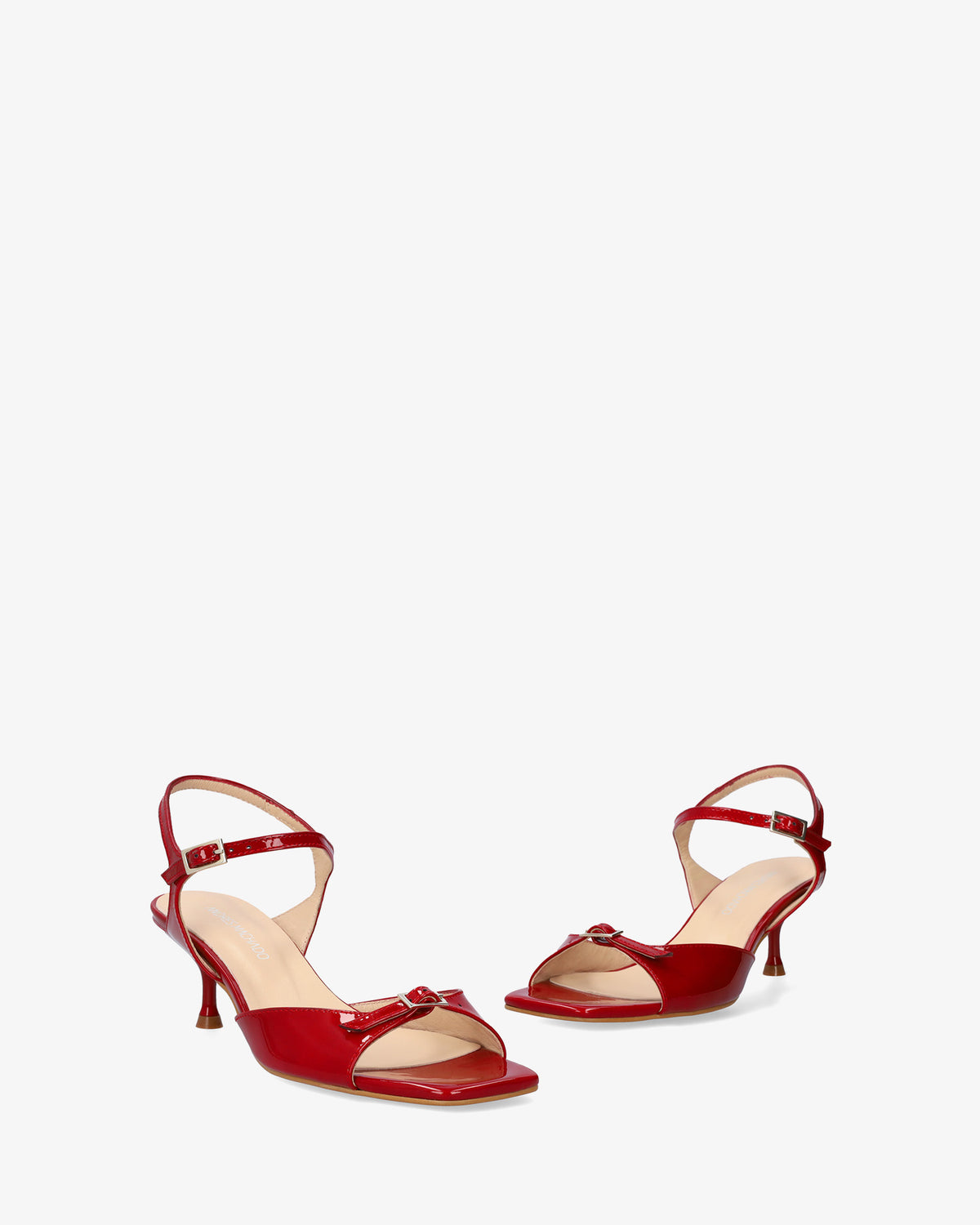 Burgundy patent leather sandal with a heel