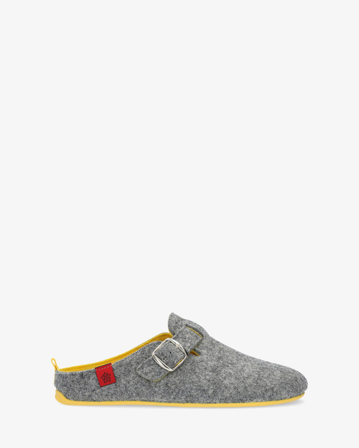 Unisex home slippers in grey felt and buckle detail